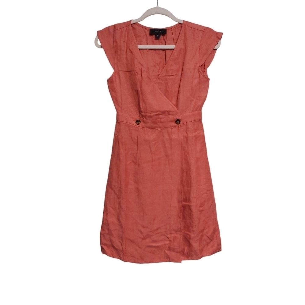 J. Crew Cap Sleeve Linen Faux Wrap Midi Dress-size 0P - Picture 2 of 6